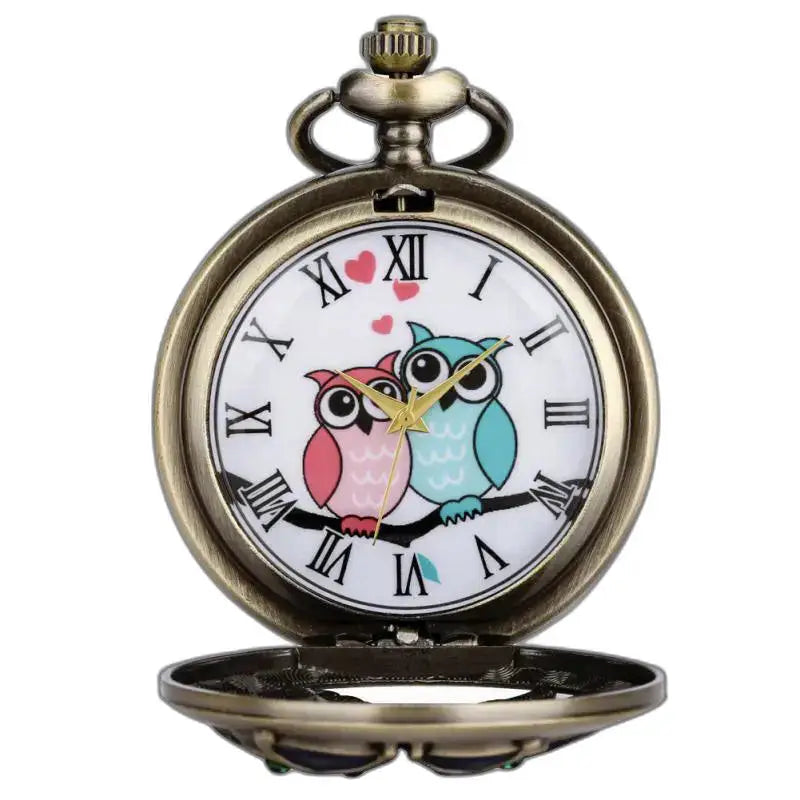 Classico orologio da tasca al quarzo con gufi in bronzo e diamanti con elegante motivo a forma di gufo
