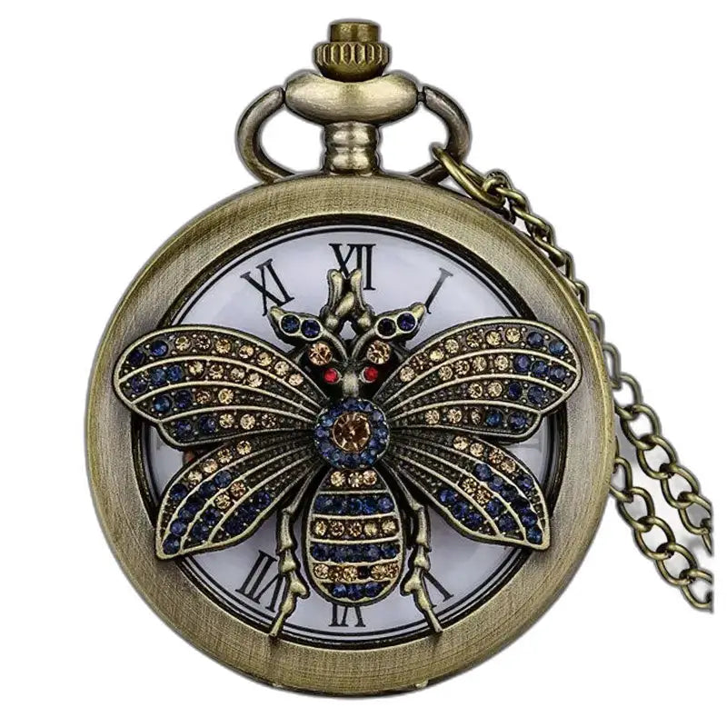 Orologio da tasca al quarzo con diamanti e gufi in bronzo classico con lancetta gioiello a forma di ape