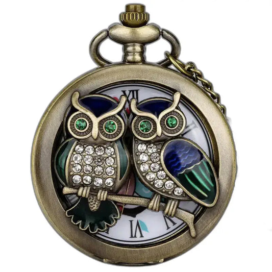 Classico orologio da tasca al quarzo con gufi in bronzo e diamanti con elegante motivo a forma di gufo