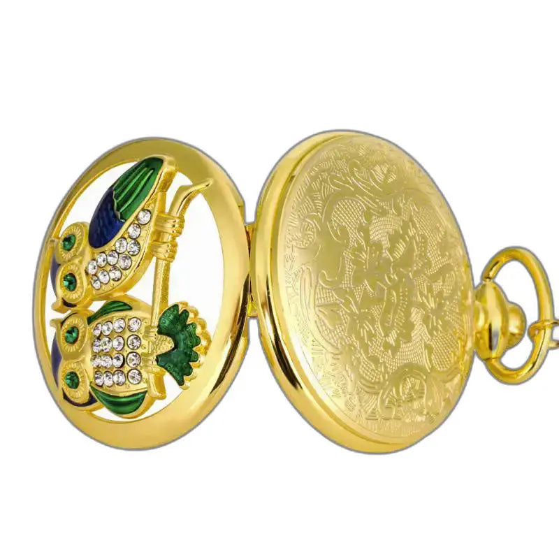 Orologio da tasca al quarzo con gufo e diamanti in oro con un elegante design a forma di gufo dorato