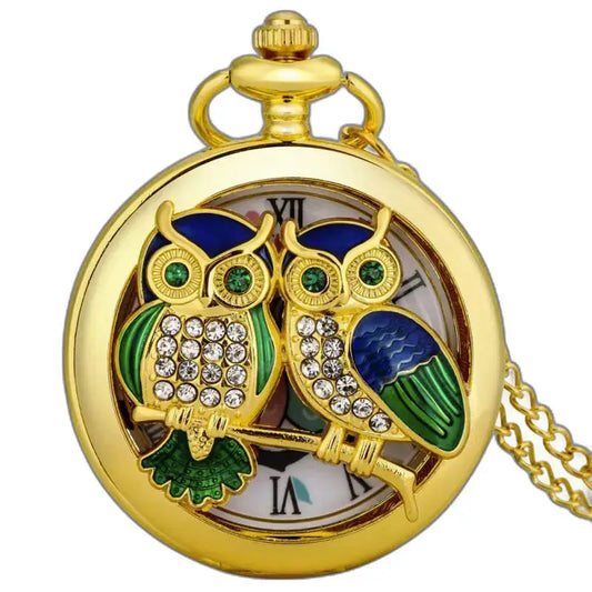 Orologio da tasca al quarzo Gold Diamond Owl, un elegante gufo di diamanti in oro lucido