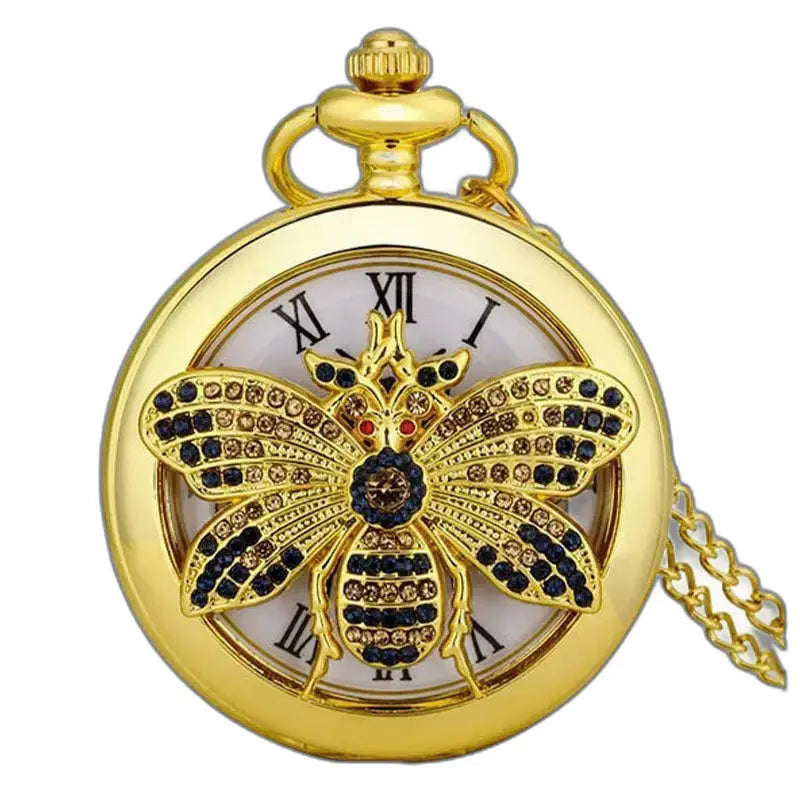 Orologio da tasca al quarzo con gufo e diamanti in oro con decorazione ape su sfondo elegante