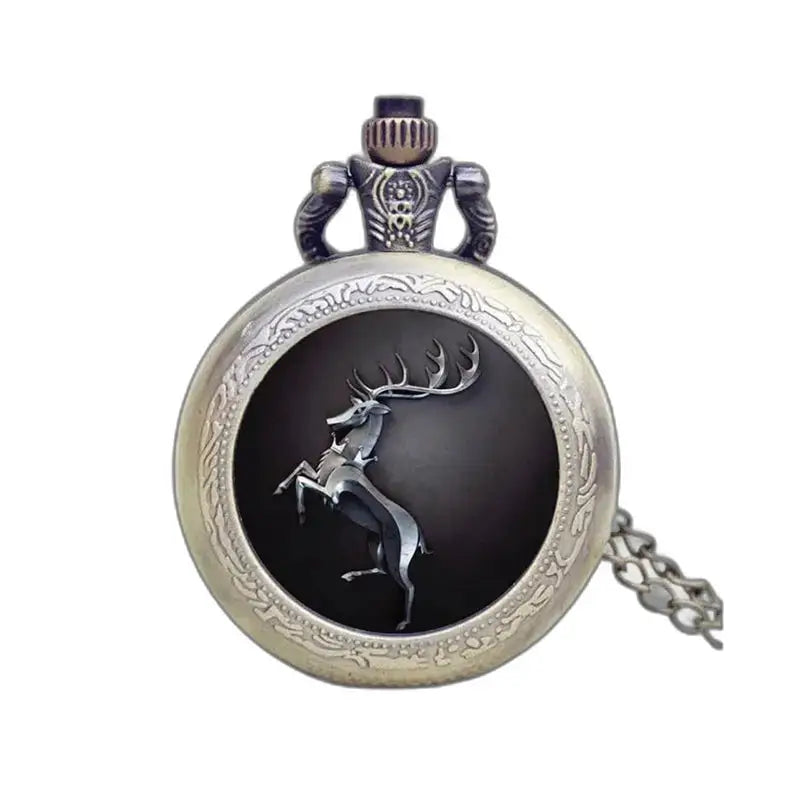 Orologio da tasca con collana in bronzo fantasia con emblema di cervo sull'orologio in argento
