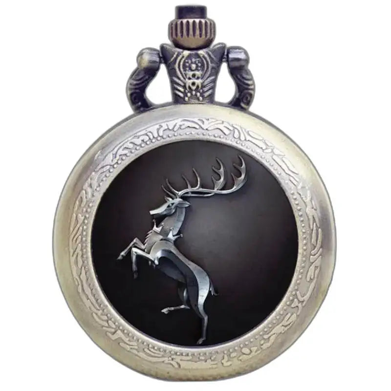 Orologio da tasca con collana in bronzo fantasia con emblema di cervo
