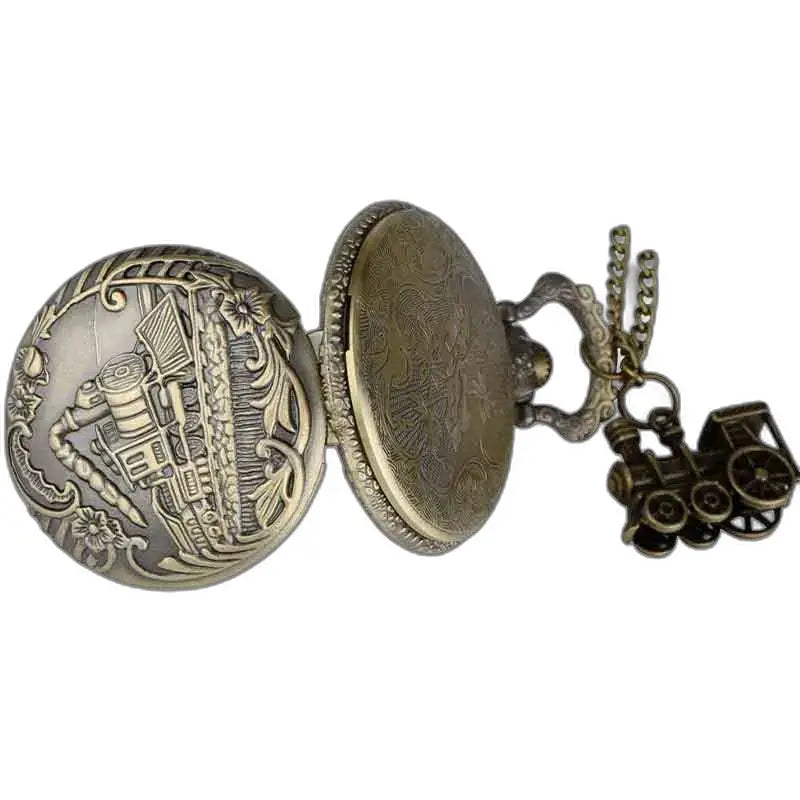 Collana con orologio Steampunk con medaglione antico e ciondolo a forma di treno in bronzo decorato