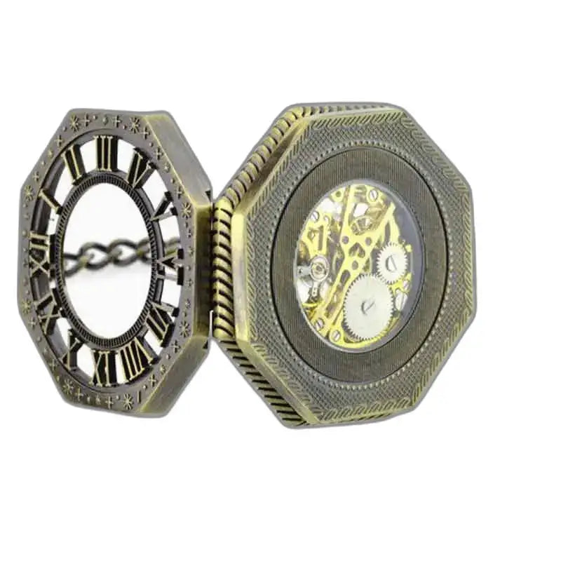 Orologio da tasca Steampunk Skeleton da uomo in elegante bronzo ottagonale