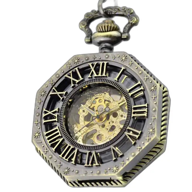 Orologio da tasca Steampunk Skeleton da uomo in elegante bronzo ottagonale