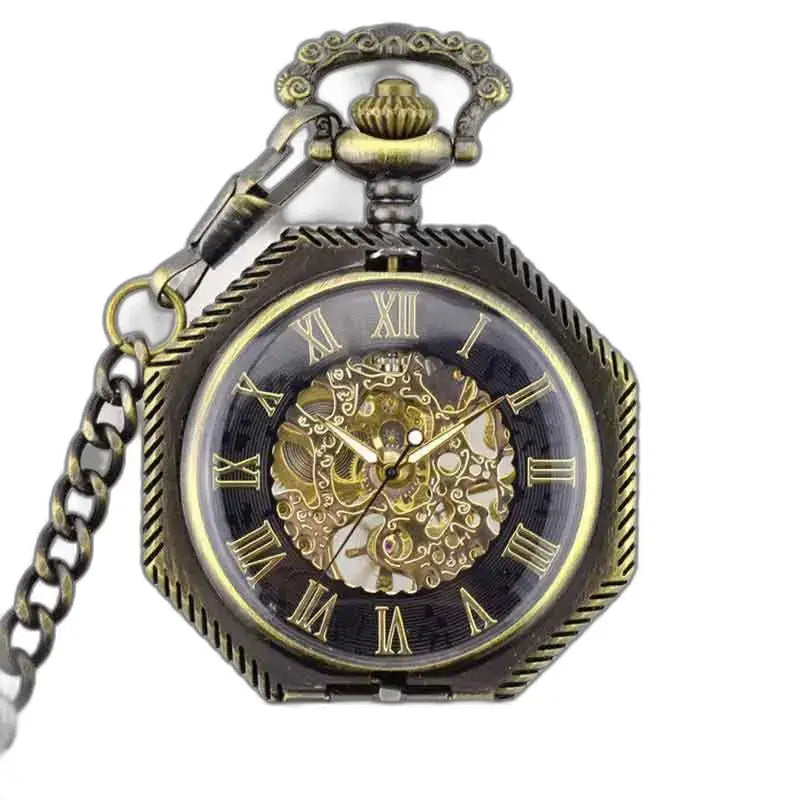 Orologio da tasca Steampunk scheletrato da uomo con meccanismo a vista in bronzo ottagonale