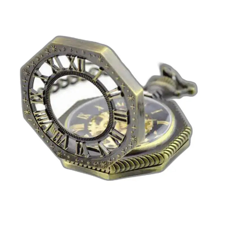 Orologio da tasca da uomo Steampunk Skeleton in bronzo ottagonale, elegante e unico