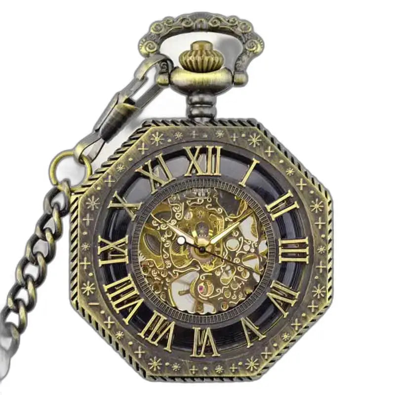 Orologio da tasca da uomo Steampunk in bronzo con catena e meccanismo scheletrato