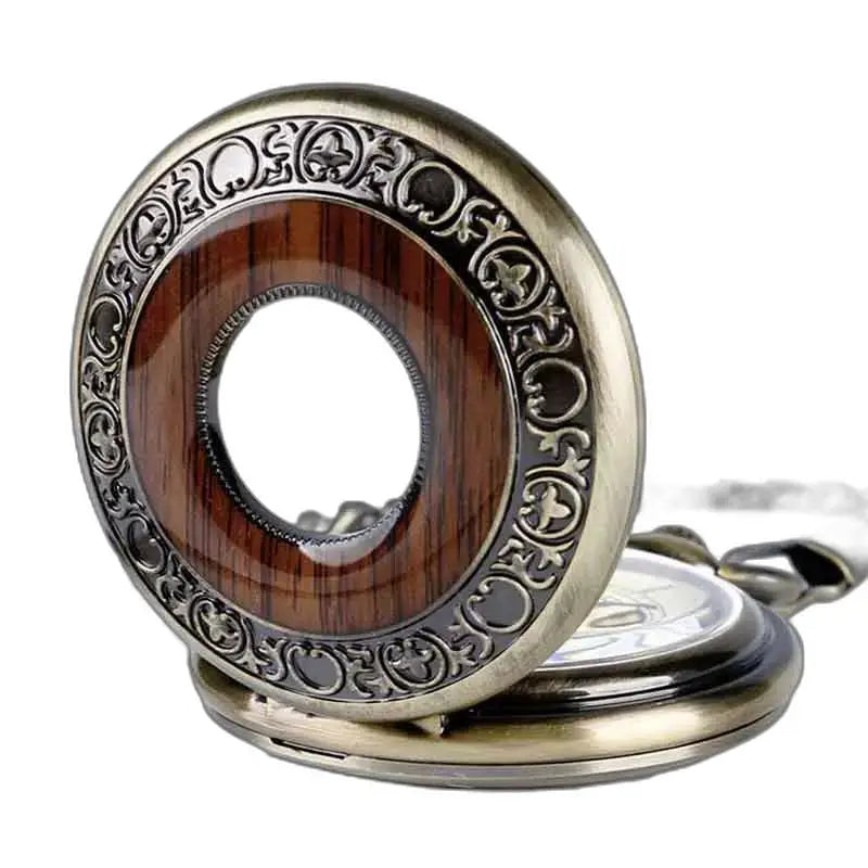 Tasca da taschino in resistente legno di olmo con orologio da taschino in bronzo decorato