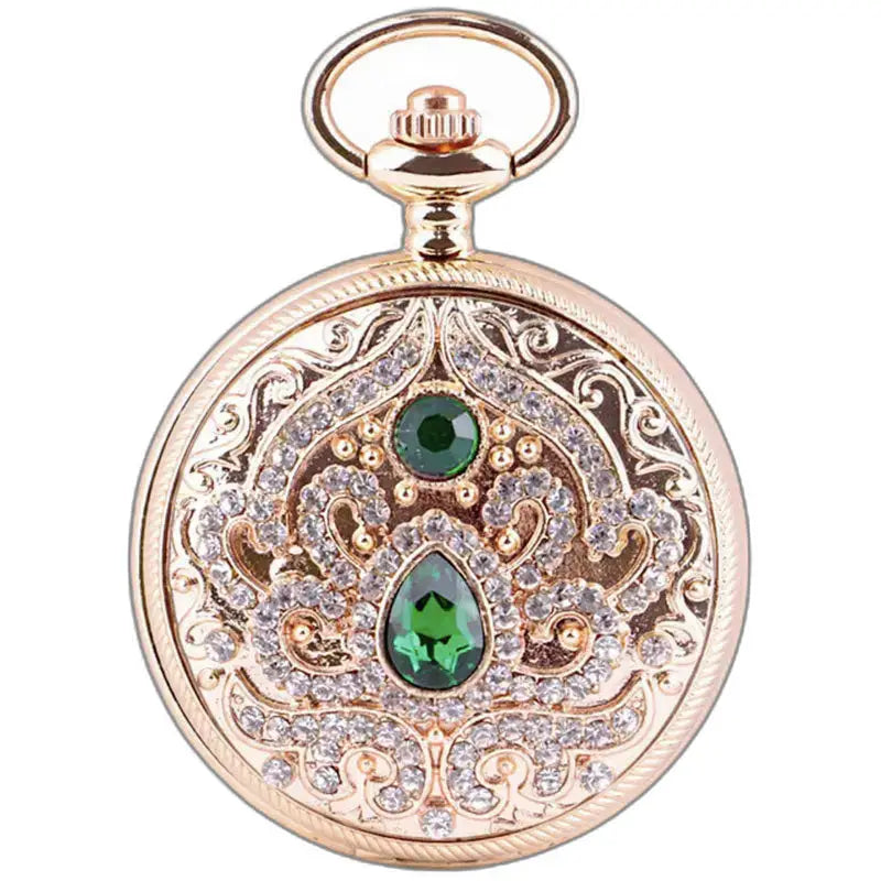 Elegante orologio da tasca in pietra con gemme verdi e trasparenti in oro